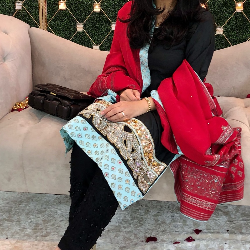 Pakistani Black Teal and Red Shalwar Kameez 3 piece